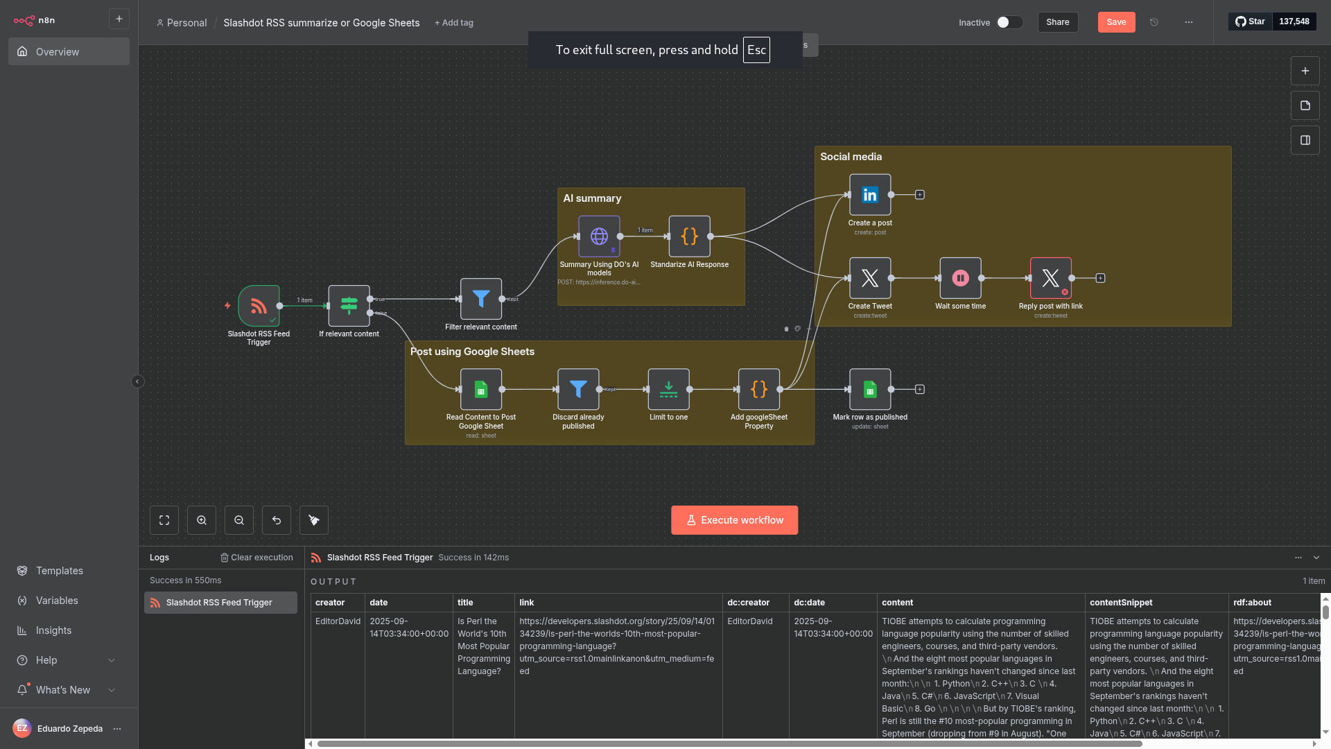 Screenshot of n8n's Slashdot AI summarizer To Social Media website